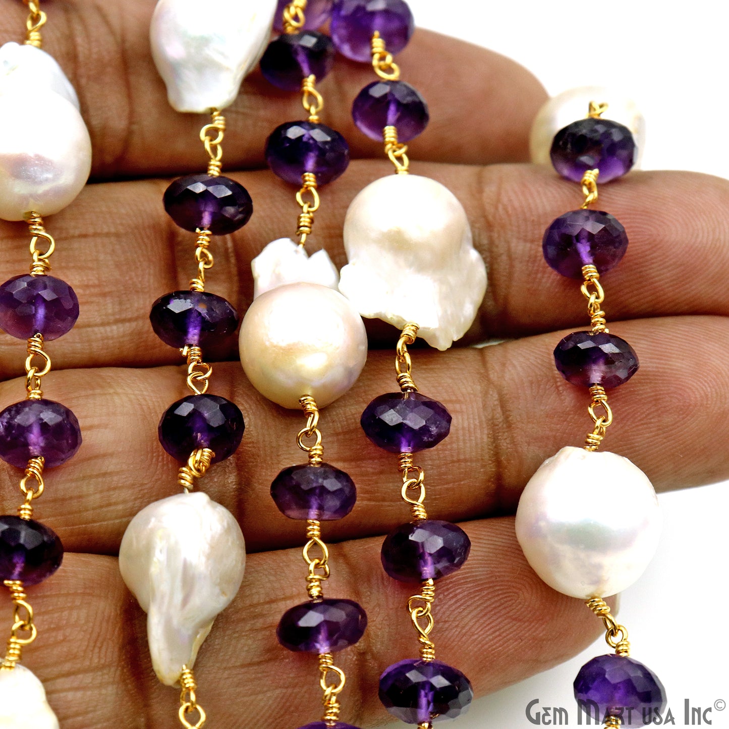 Amethyst 8-9mm & Pearl 17x12mm Beads Gold Plated Rosary Chain