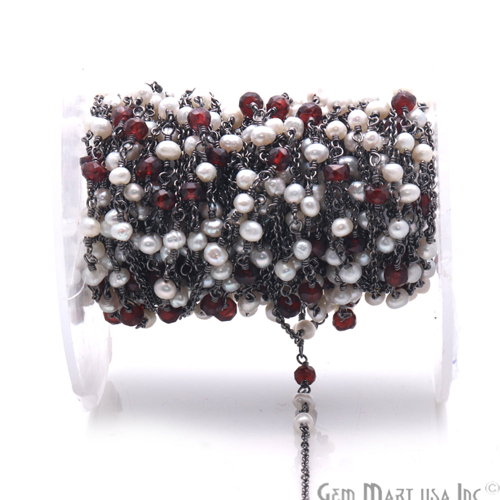 Garnet & Pearl Multi Gemstone Beaded Oxidized Wire Wrapped Rosary Chain