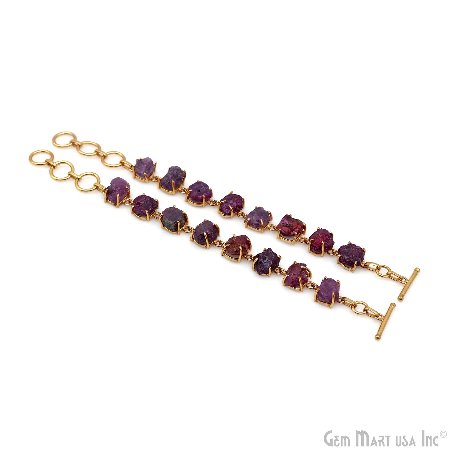 Natural Rough Gemstone In Gold Plated Prong Setting Toggle Clasp Bracelet 7 Inch