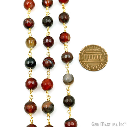 Dark Carnelian Jade Faceted 8mm Gold Plated Wire Wrapped Rosary Chain