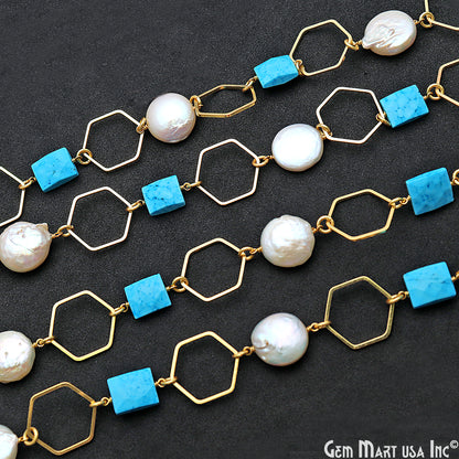 Turquoise & Pearl With Gold Hexagon Finding Rosary Chain