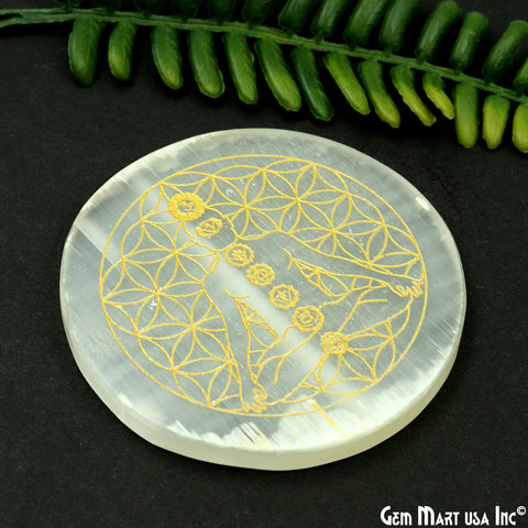 Selenite Round Plate Shape 83mm Engraved Chakra Symbols Reiki Healing Meditation Gemstones