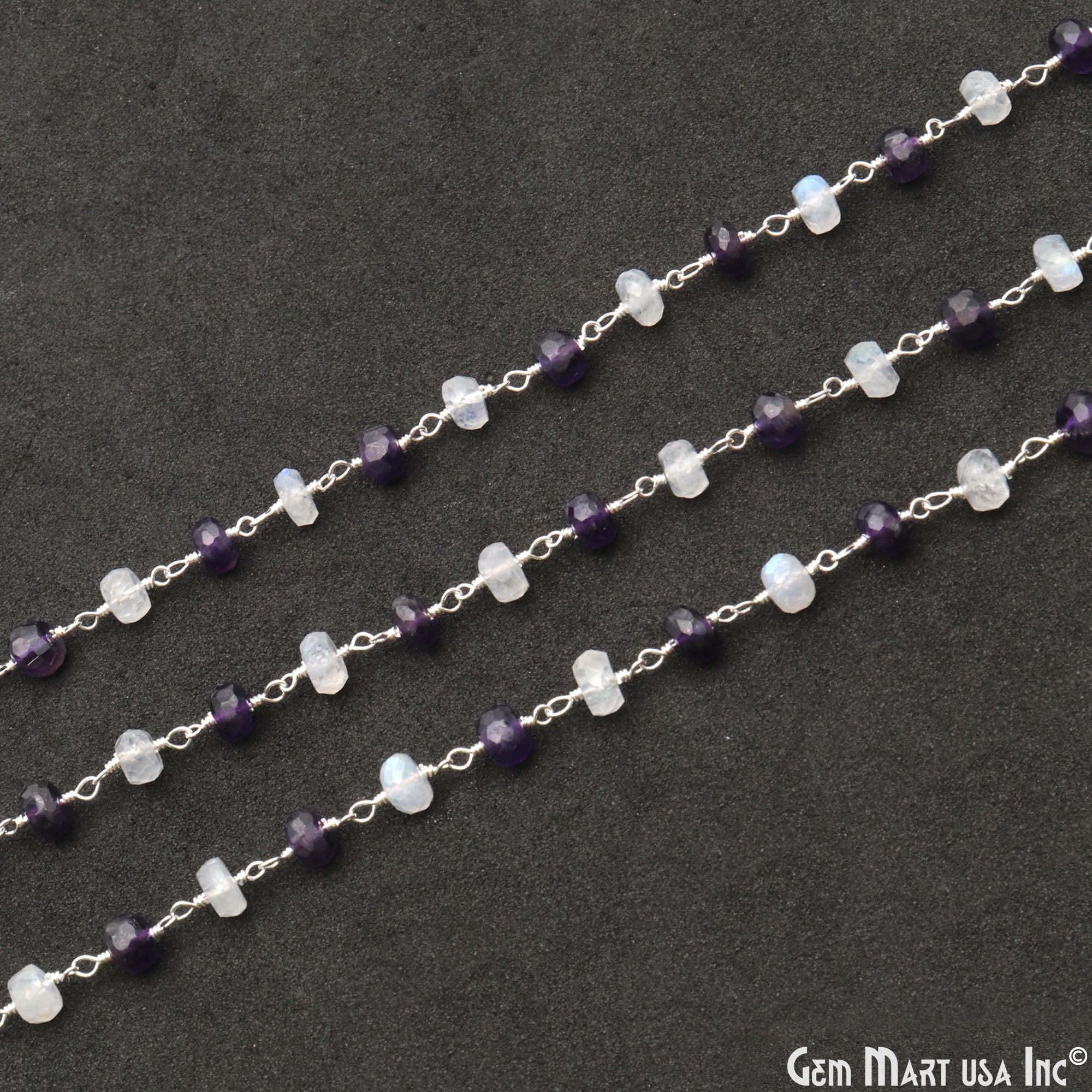 Amethyst & Rainbow 5-6mm Beads Silver Wire Wrapped Rosary Chain