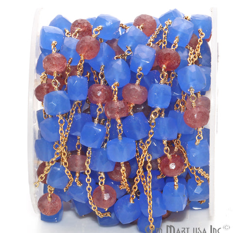 Strawberry Quartz 8-9mm Blue Chalcedony 7-8mm Beaded Gold Plated Wire Wrapped Rosary Chain - GemMartUSA