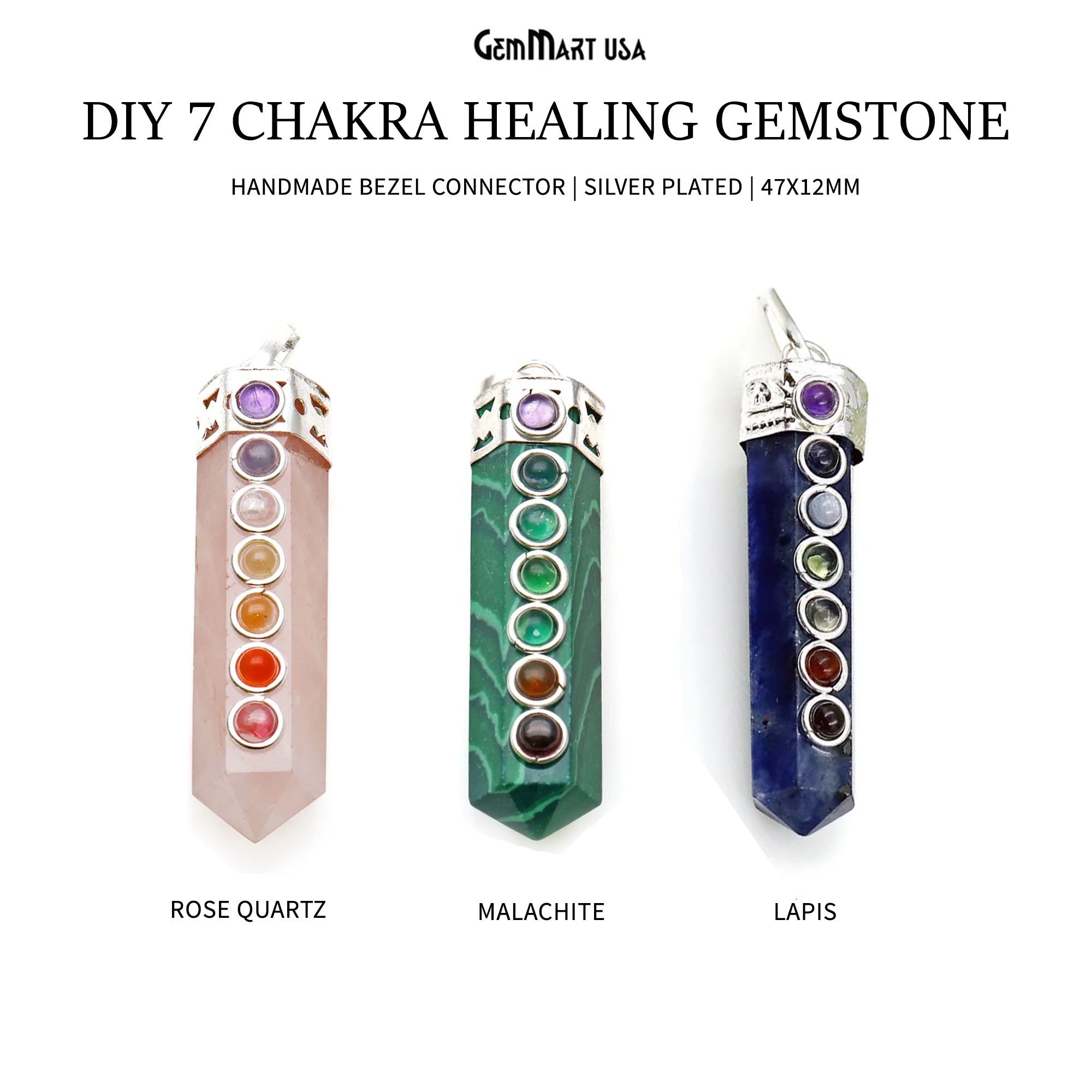 DIY 7 Chakra Healing Gemstone Silver 47x12mm Terminated Pendant
