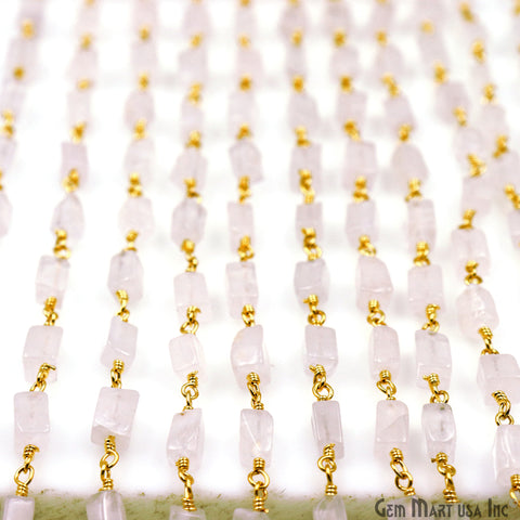 Rose Quartz Tumble Beads 8x5mm Gold Wire Wrapped Rosary Chain