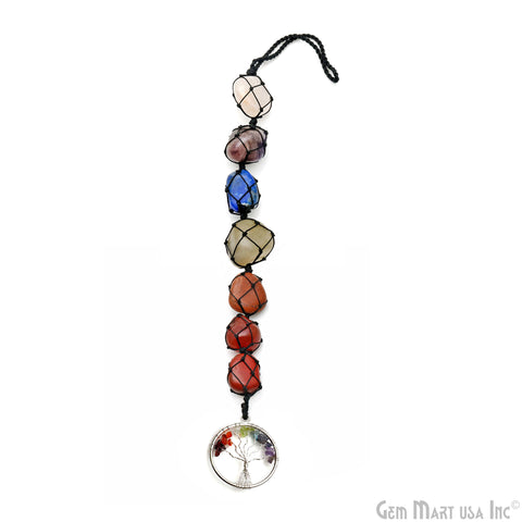7 Chakra Of Life Healing Tumble Gemstones On A String, 27x21mm Free Form Gemstones & Round Tree Of Life Pendant 11 Inch