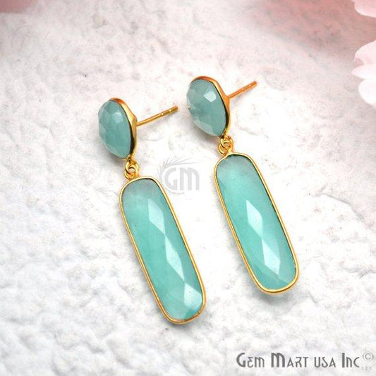 Rectangle and Round Shape 46x10mm Gold Plated Gemstone Dangle Studs (Pick your Gemstone) (90230-1) - GemMartUSA