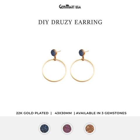 Round Druzy 43x30mm Gold Plated Dangle Hoop Stud Earring (Pick Color)