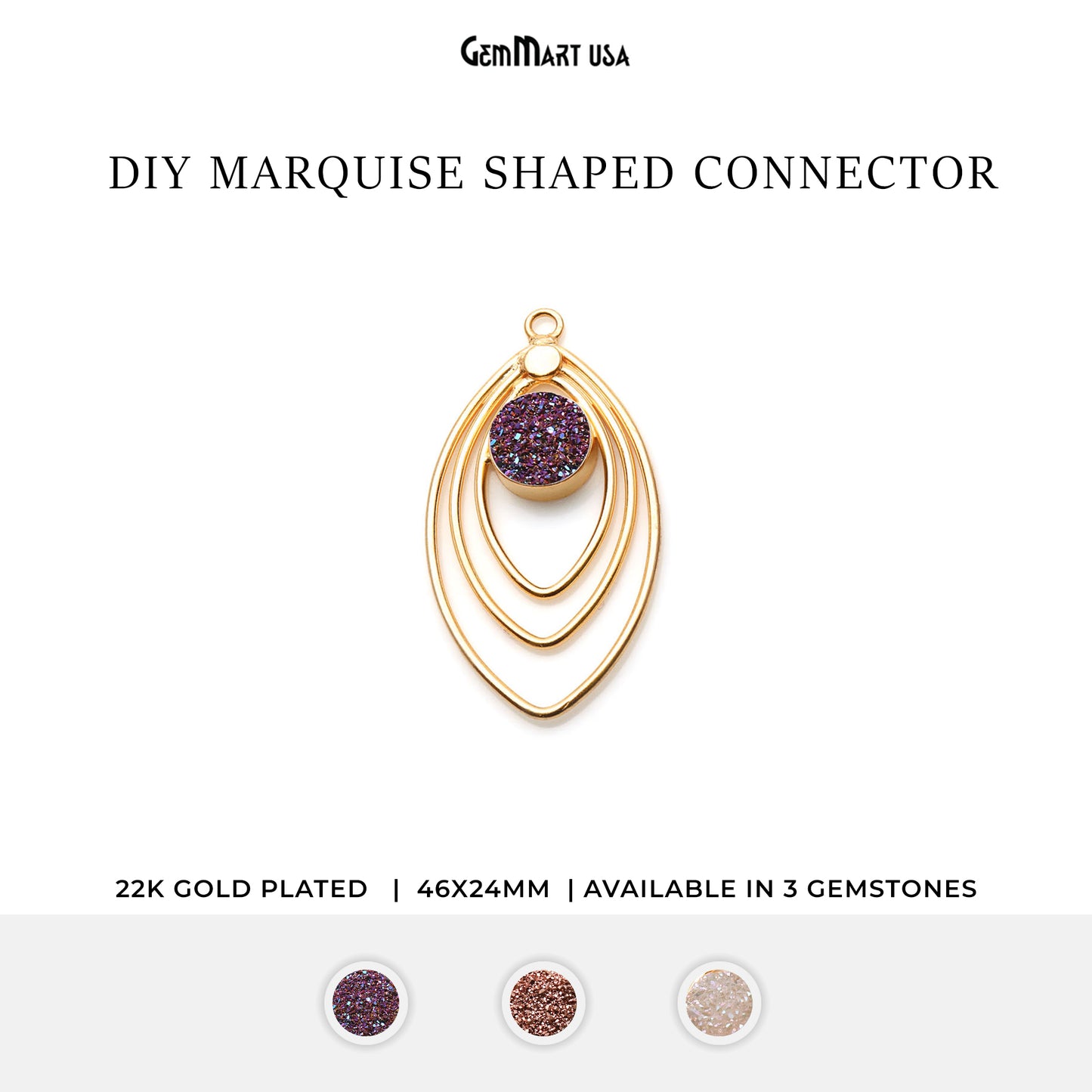 DIY Triple Marquise 46x24mm Round Druzy Gold Plated Single Bail Pendant