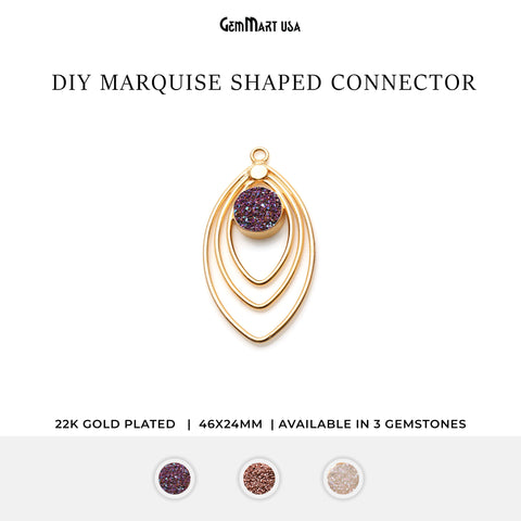 DIY Triple Marquise 46x24mm Round Druzy Gold Plated Single Bail Pendant Connector