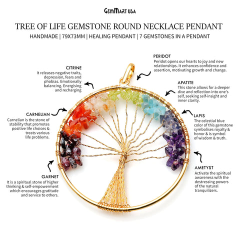 7 Chakra Tree Of Life 79x73mm Gold Wire Wrapped Round Shape Pendant