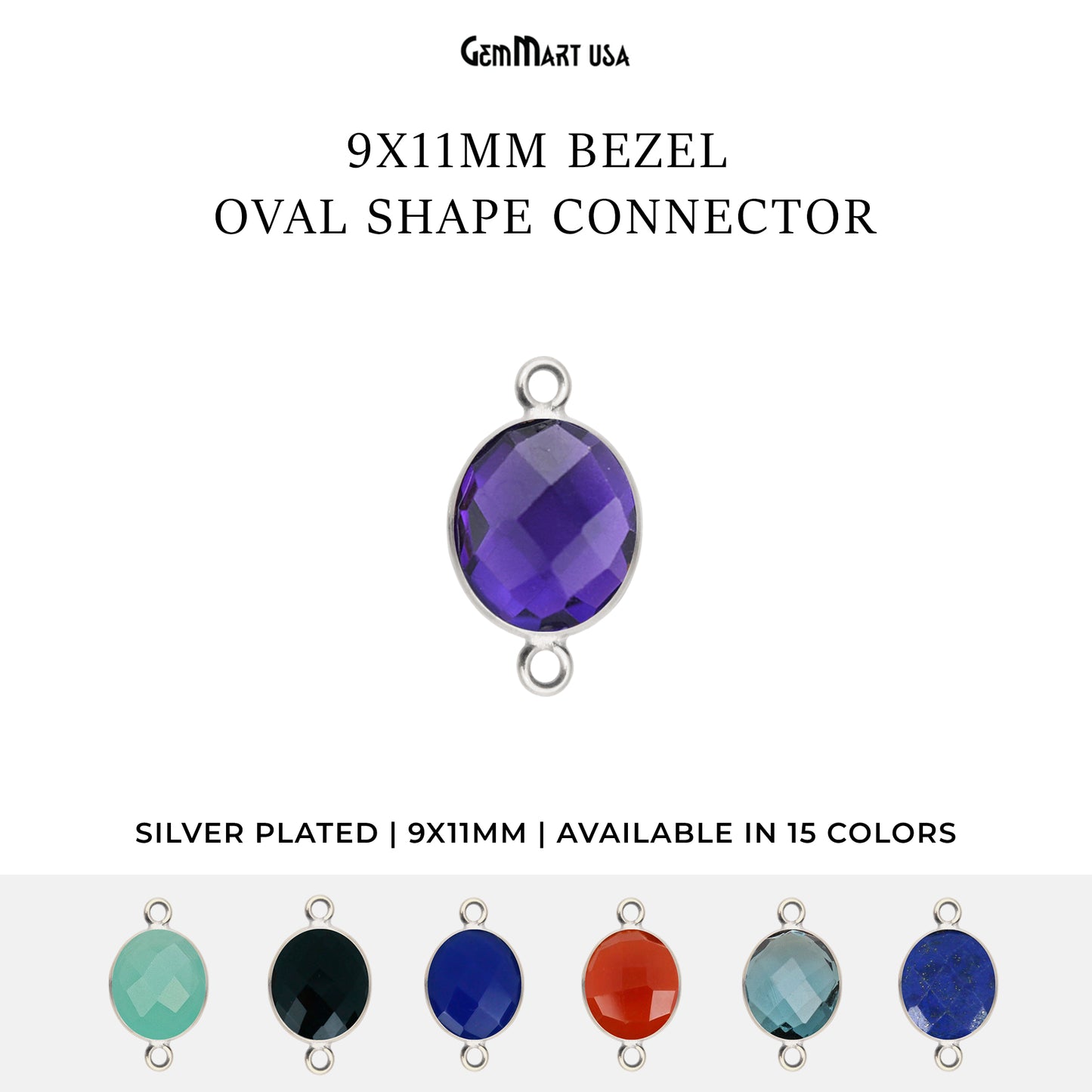 Oval 9x11mm Double Bail Silver Bezel Gemstone Connector