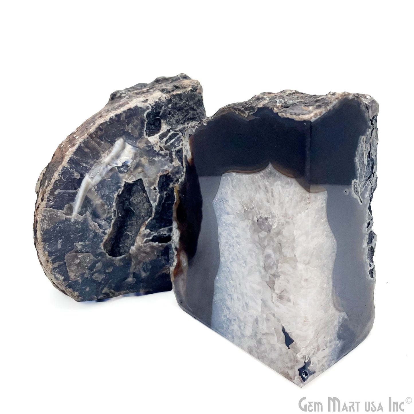 Large Geode Bookend. Black Agate Bookend Pair. (3.39lbs, 6-7inch). Mineral Rock Formation, Healing Energy Crystal, Home Decor. *Ships Free