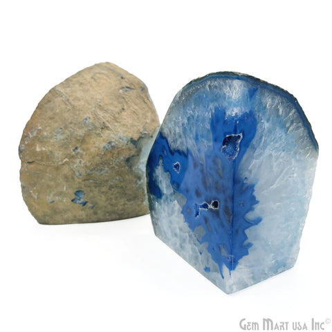 Large Geode Bookend. Blue Agate Bookend Pair. (3.44lbs, 7-8"inch). Mineral Rock Formation, Healing Energy Crystal, Home Decor. *Ships Free