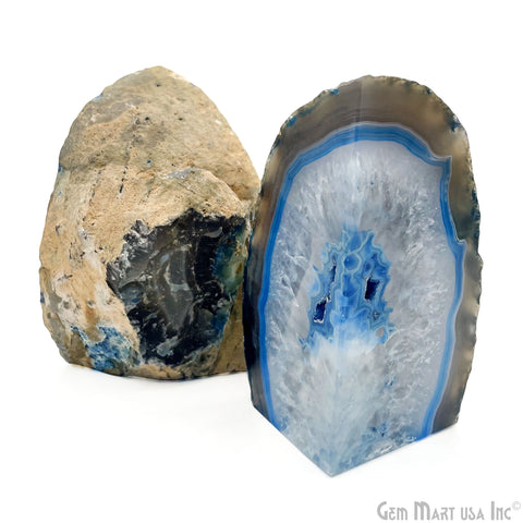 Large Geode Bookend. Blue Agate Bookend Pair. (3.03lbs, 5-6"inch). Mineral Rock Formation, Healing Energy Crystal, Home Decor. *Ships Free