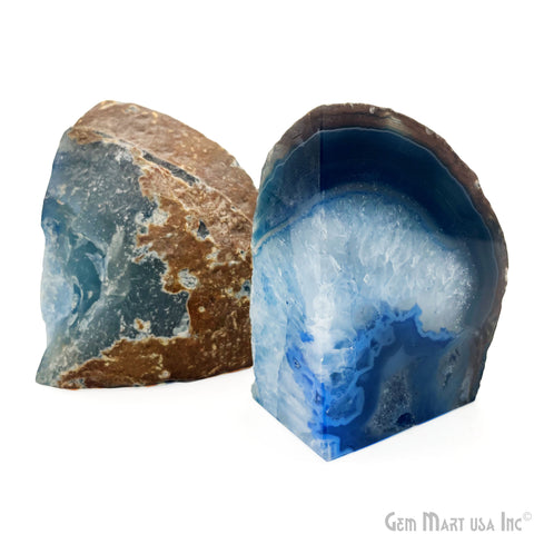 Large Geode Bookend. Blue Agate Bookend Pair. (2.44lbs, 6-7"inch). Mineral Rock Formation, Healing Energy Crystal, Home Decor. *Ships Free