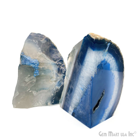 Large Geode Bookend. Blue Agate Bookend Pair. (3.08lbs, 5-6"inch). Mineral Rock Formation, Healing Energy Crystal, Home Decor. *Ships Free