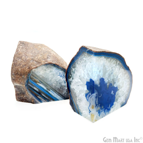 Large Geode Bookend. Blue Agate Bookend Pair. (3.08lbs, 7-8"inch). Mineral Rock Formation, Healing Energy Crystal, Home Decor. *Ships Free