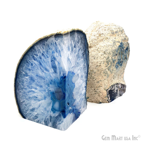 Large Geode Bookend. Blue Agate Bookend Pair. (6.25lbs, 5-6"inch). Mineral Rock Formation, Healing Energy Crystal, Home Decor. *Ships Free