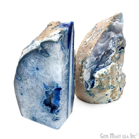 Large Geode Bookend. Blue Agate Bookend Pair. (3.81lbs, 4-5"inch). Mineral Rock Formation, Healing Energy Crystal, Home Decor. *Ships Free