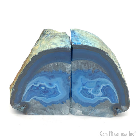Large Geode Bookend. Blue Agate Bookend Pair. (3.1lbs, 4-5"inch). Mineral Rock Formation, Healing Energy Crystal, Home Decor. *Ships Free