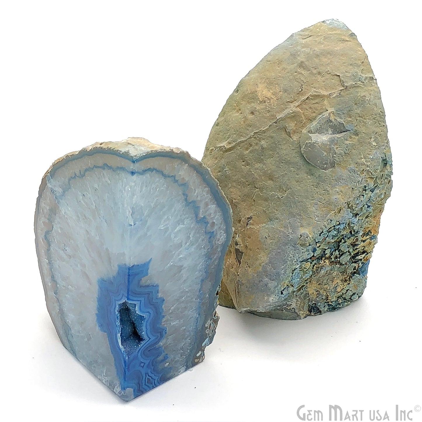 Large Geode Bookend. Blue Agate Bookend Pair. (3.3lbs, 5-6"inch). Mineral Rock Formation, Healing Energy Crystal, Home Decor. *Ships Free