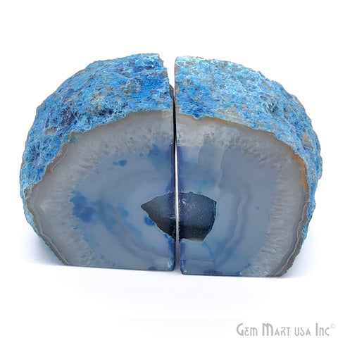 Large Geode Bookend. Blue Agate Bookend Pair. (2.9lbs, 5-6"inch). Mineral Rock Formation, Healing Energy Crystal, Home Decor. *Ships Free