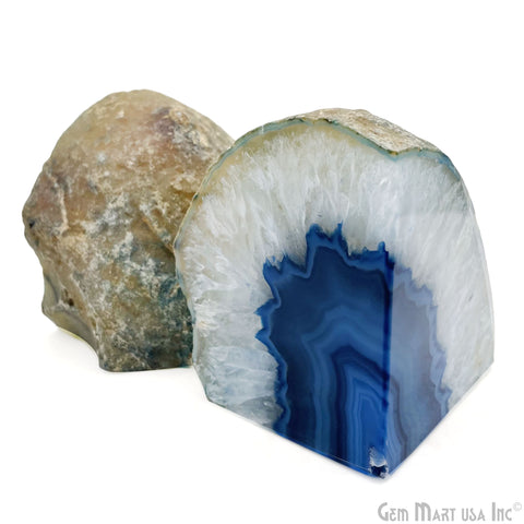 Large Geode Bookend. Blue Agate Bookend Pair. (3.42lbs, 5-6inch). Mineral Rock Formation, Healing Energy Crystal, Home Decor. *Ships Free