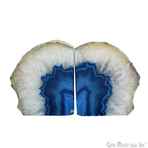 Large Geode Bookend. Blue Agate Bookend Pair. (3.42lbs, 5-6inch). Mineral Rock Formation, Healing Energy Crystal, Home Decor. *Ships Free