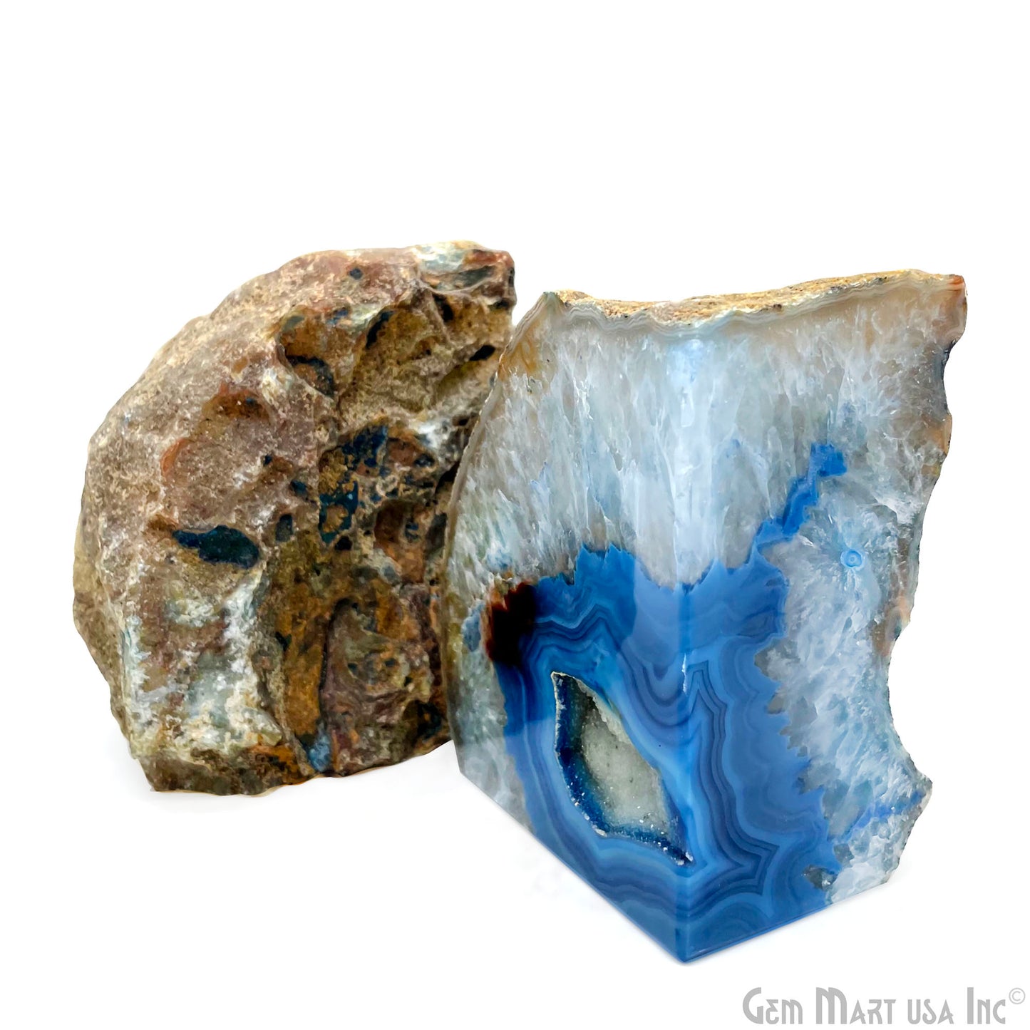 Large Geode Bookend. Blue Agate Bookend Pair. (4.2lbs, 6-7inch). Mineral Rock Formation, Healing Energy Crystal, Home Decor. *Ships Free