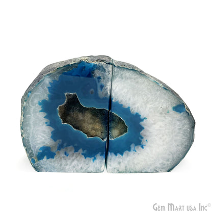 Large Geode Bookend. Teal Agate Bookend Pair. (5.6lbs, 6-7inch). Mineral Rock Formation, Healing Energy Crystal, Home Decor. *Ships Free