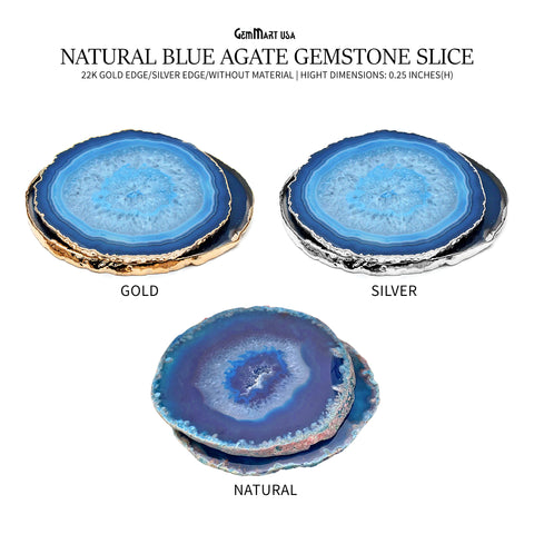 Blue Natural Gemstone Coaster, Agate Slice Coaster, Rock & Crystal Coaster, Organic/Silver/Gold Plated Drinkware