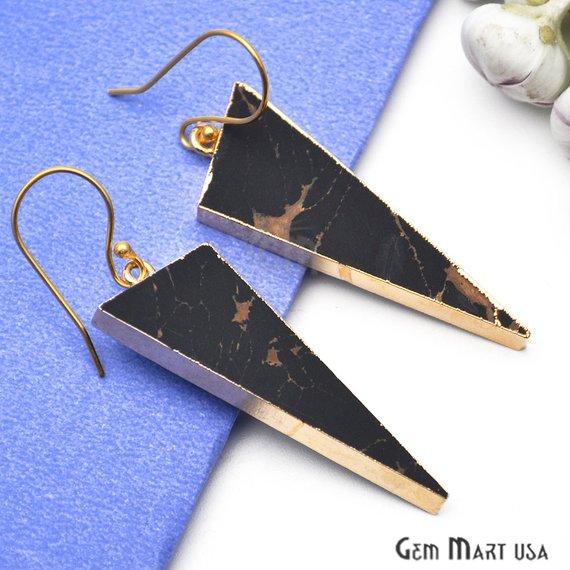 Triangle Shape 42x16mm Gold Plated Sediment Jasper Hook Earrings 1Pair (Pick your Gemstone) - GemMartUSA