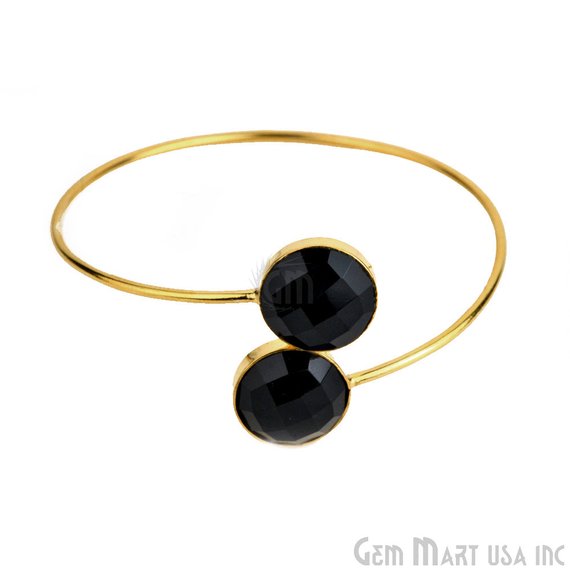 Round Shape Double Gemstone Adjustable Gold Plated Bangle Bracelet (Choose Gemstone) - GemMartUSA