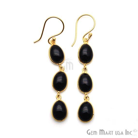 Black Onyx Earrings, Black Cabochon Earrings, Gold Hook Earring, Cabochon Earring, Dangle Earrings (BOER-90238) - GemMartUSA