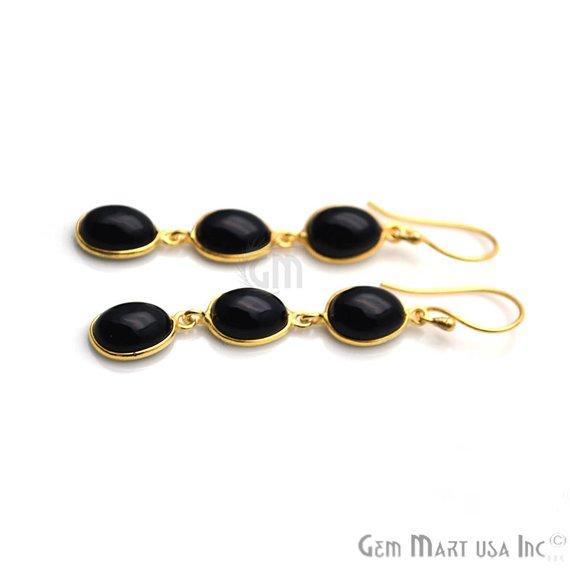 Black Onyx Earrings, Black Cabochon Earrings, Gold Hook Earring, Cabochon Earring, Dangle Earrings (BOER-90238) - GemMartUSA