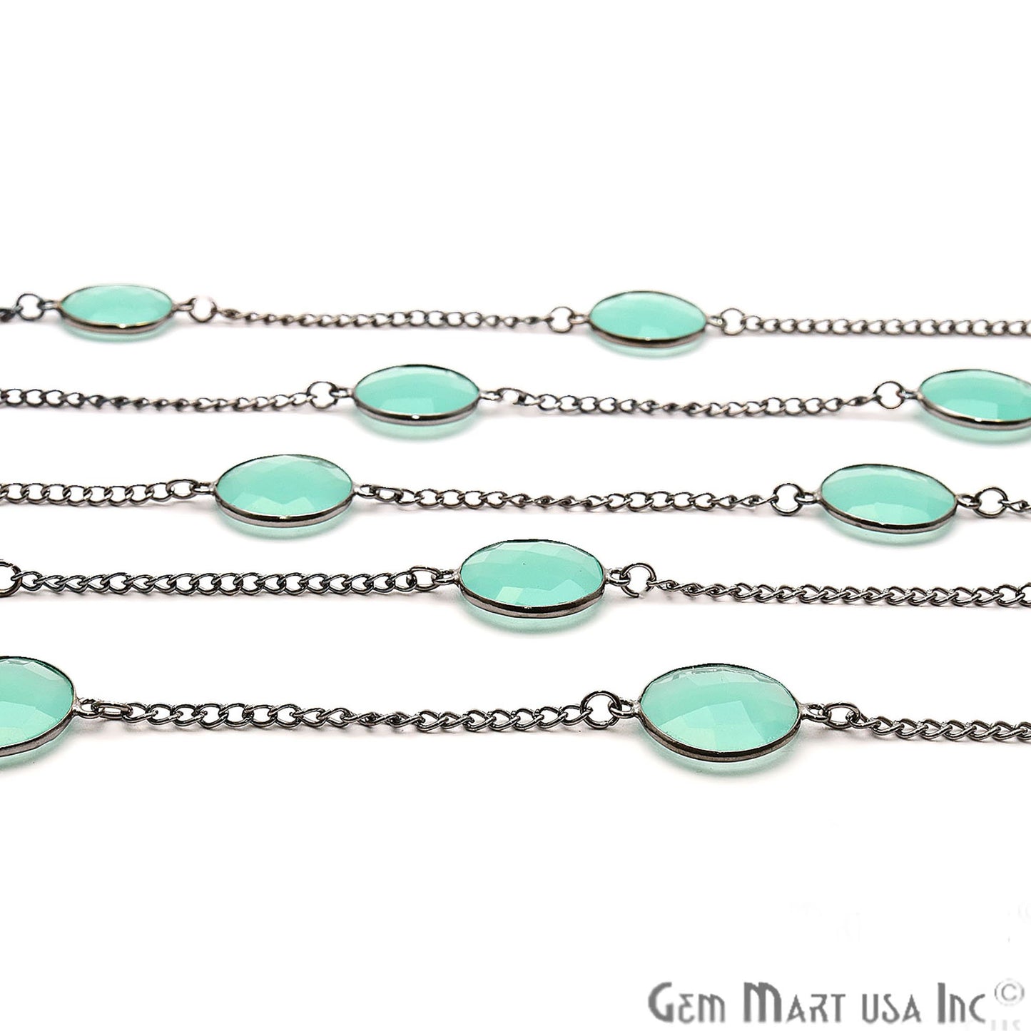 Aqua Chalcedony Round & Oval 12x16mm Oxidized Bezel Connector Chain