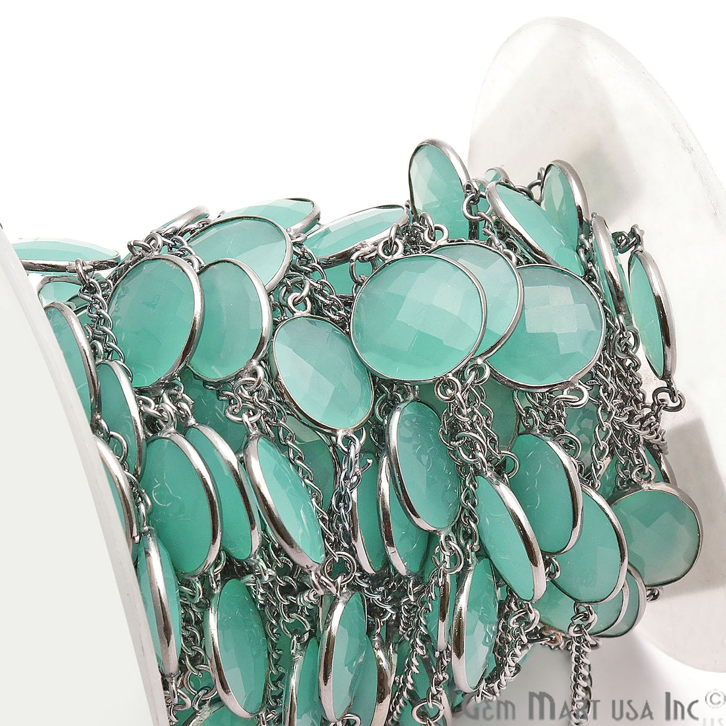 Aqua Chalcedony Round & Oval 12x16mm Oxidized Bezel Connector Chain