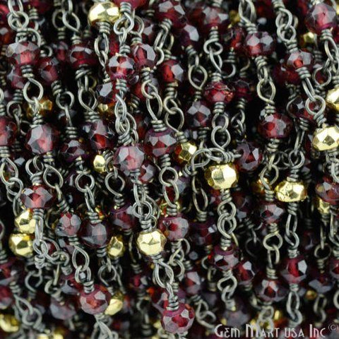 Garnet With Golden Pyrite Oxidized Wire Wrapped Rosary Chain