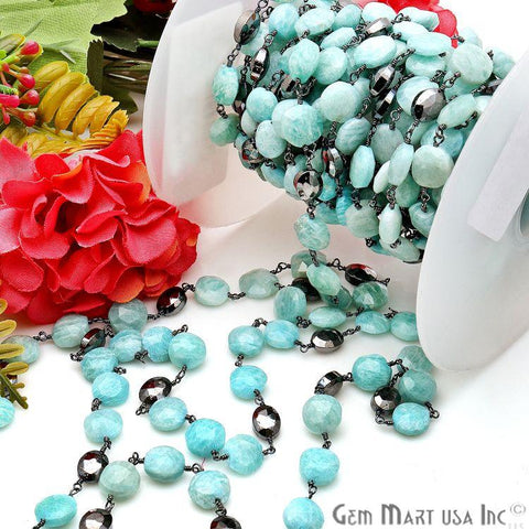 Amazonite & Black Pyrite 8-9mm Oxidized Rough Beads Rosary Chain