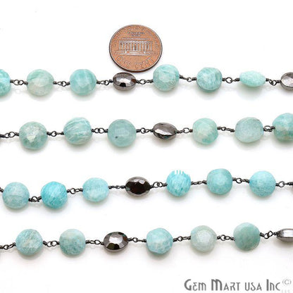 Amazonite & Black Pyrite 8-9mm Oxidized Rough Beads Rosary Chain