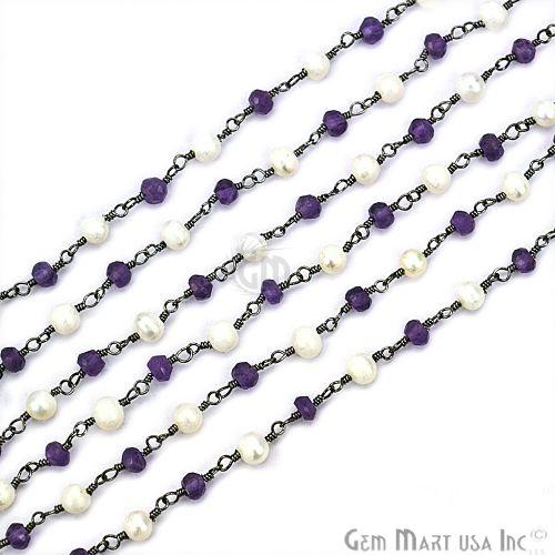 Amethyst With Pearl Beads Oxidized Wire Wrapped Rosary Chain