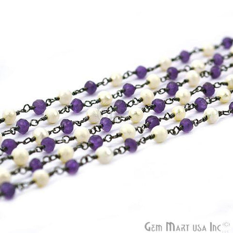 Amethyst With Pearl Beads Oxidized Wire Wrapped Rosary Chain