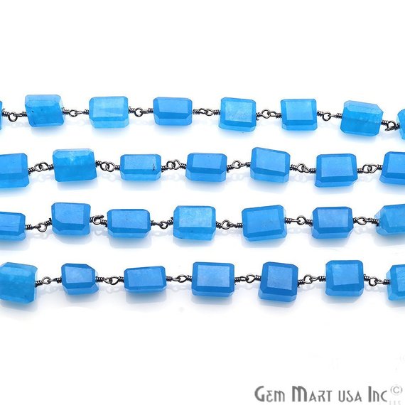 Blue Chalcedony Gemstone Oxidized Rondelle Cut Beads Rosary Chain - GemMartUSA