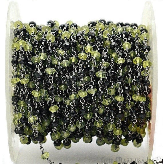 Black Spinel With Peridot Beads Oxidized Wire Wrapped Rosary Chain - GemMartUSA