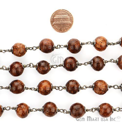 Coco Brown Wooden Beads Oxidized Wire Wrapped Rosary Chain (762830192687)