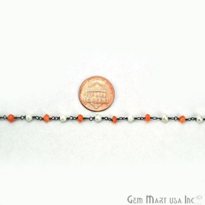 Carnelian With Pearl, 3-3.5mm Beads Oxidized Wire Wrapped Rosary Chain