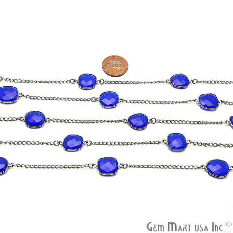 Dark Blue Chalcedony Mix Shape 10-15mm Oxidized Bezel Connector Chain