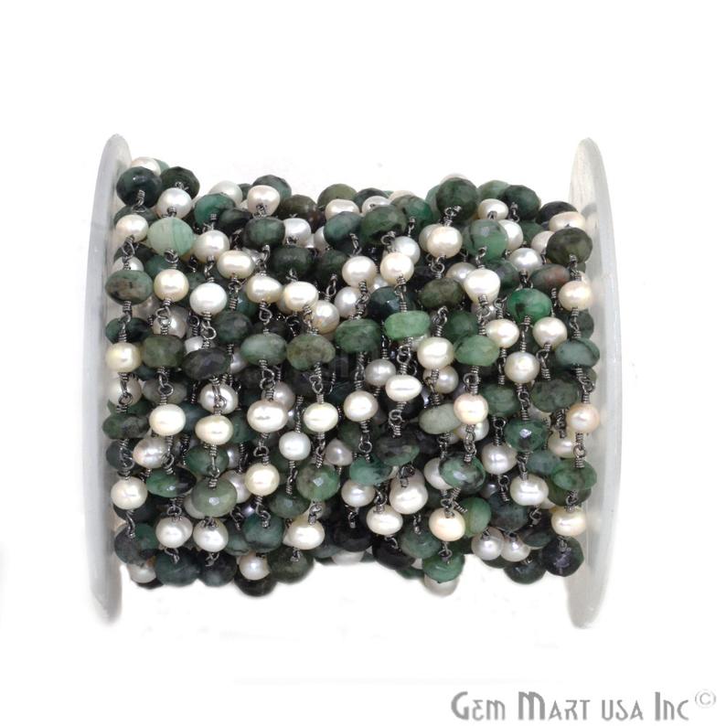 Emerald 7-8mm With Pearl 5-6mm Oxidized Wire Wrapped Beads Rosary Chain - GemMartUSA
